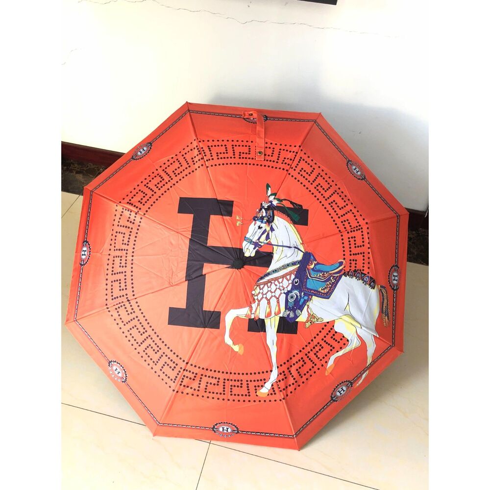 Vintage Orange Hermes Paris Automatic Sun Umbrella Folding Parasol Rain Umbrella